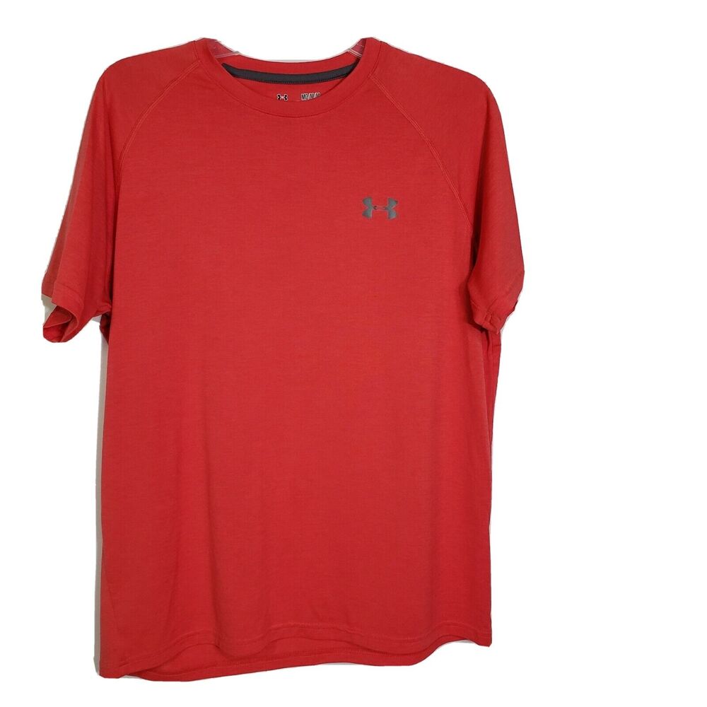 Under Armour Mens T-Shirt Medium Red Athletic Loose Heat Gear Logo Short Sleeve